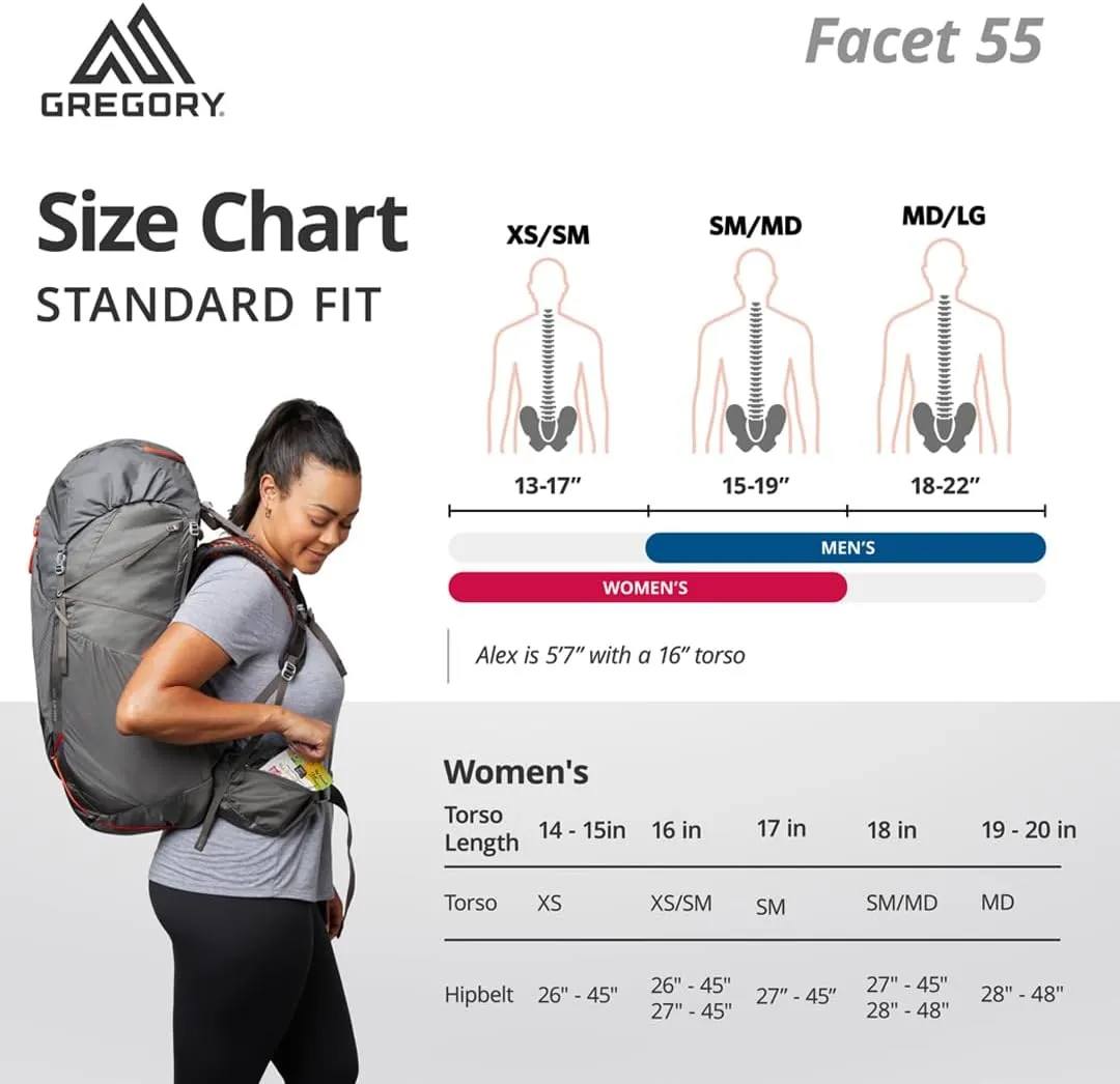 Gregory Facet 55L Women's Ultralight Backpacking Pack with Freefloat Suspension, Aluminum Frame, Ventilated Backpanel, Small, Sunset Grey
