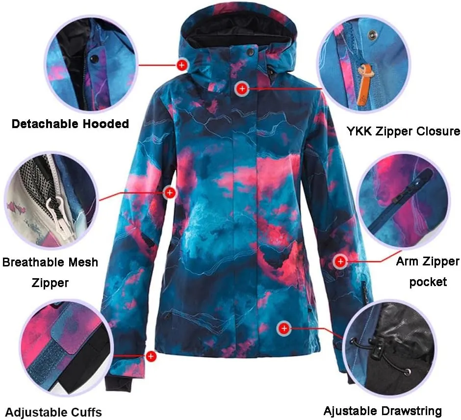 GS SNOWING Women's Ski Jackets Snowboard Coats Windproof Waterproof Insulated Warm Winter Mountain Hooded Jacket with Belt