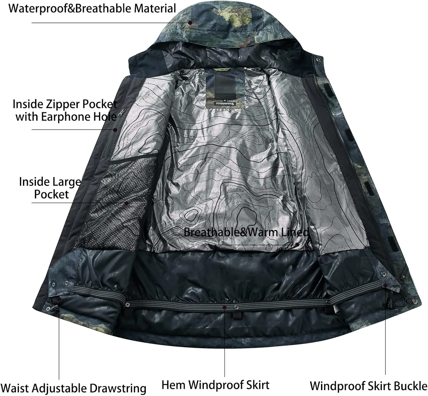 GSOU SNOW Men's Ski Jacket Snowboard Snow Coat Waterproof Windproof Insulated Winter Mountain Outdoor Sports Hooded Warm