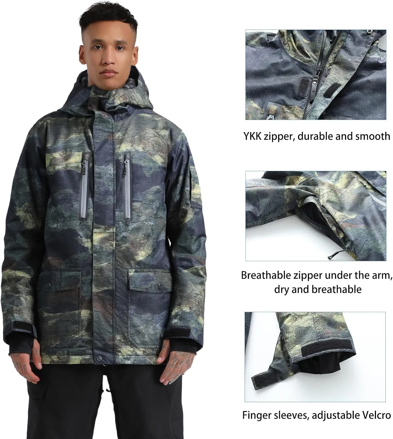 GSOU SNOW Men's Ski Jacket Snowboard Snow Coat Waterproof Windproof Insulated Winter Mountain Outdoor Sports Hooded Warm