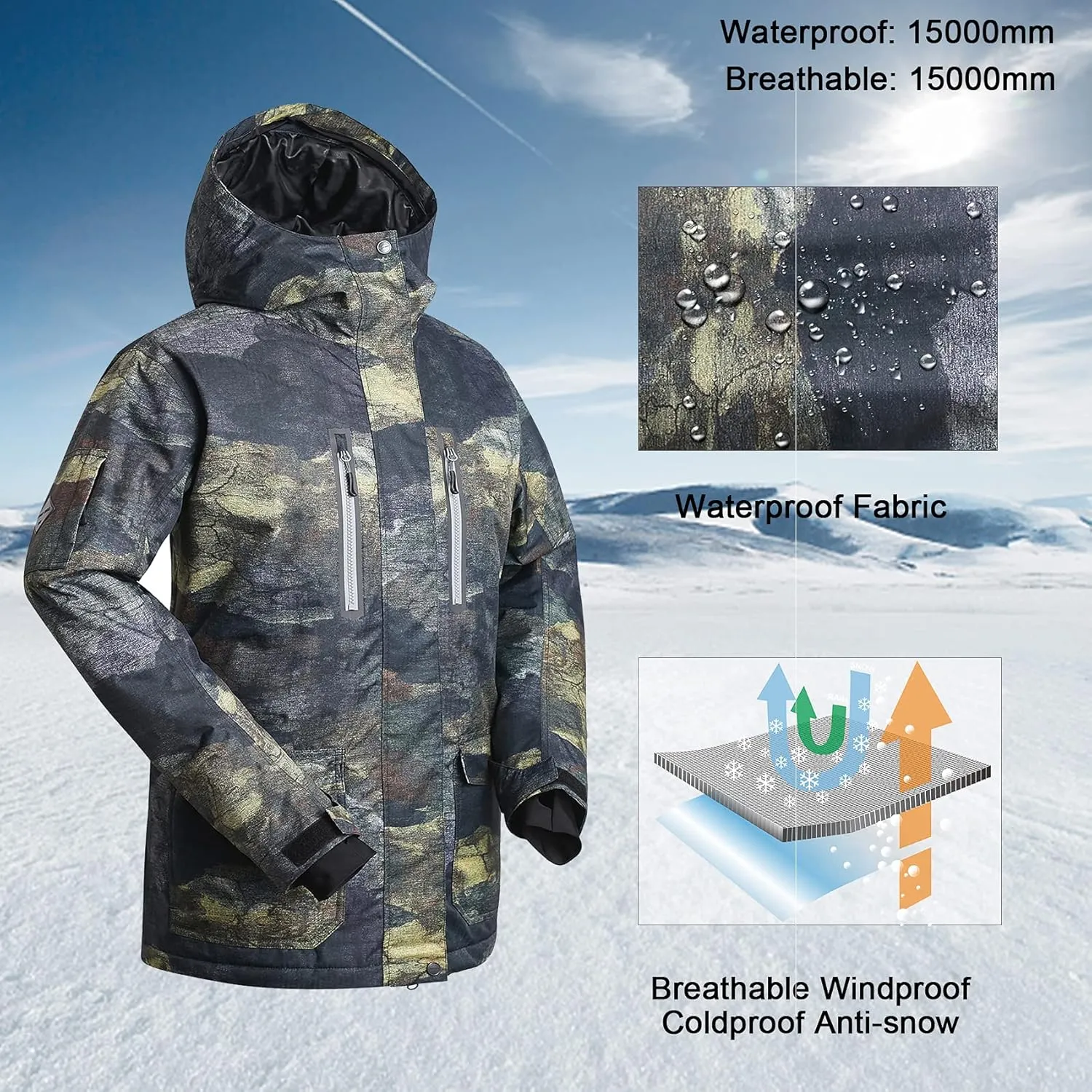 GSOU SNOW Men's Ski Jacket Snowboard Snow Coat Waterproof Windproof Insulated Winter Mountain Outdoor Sports Hooded Warm