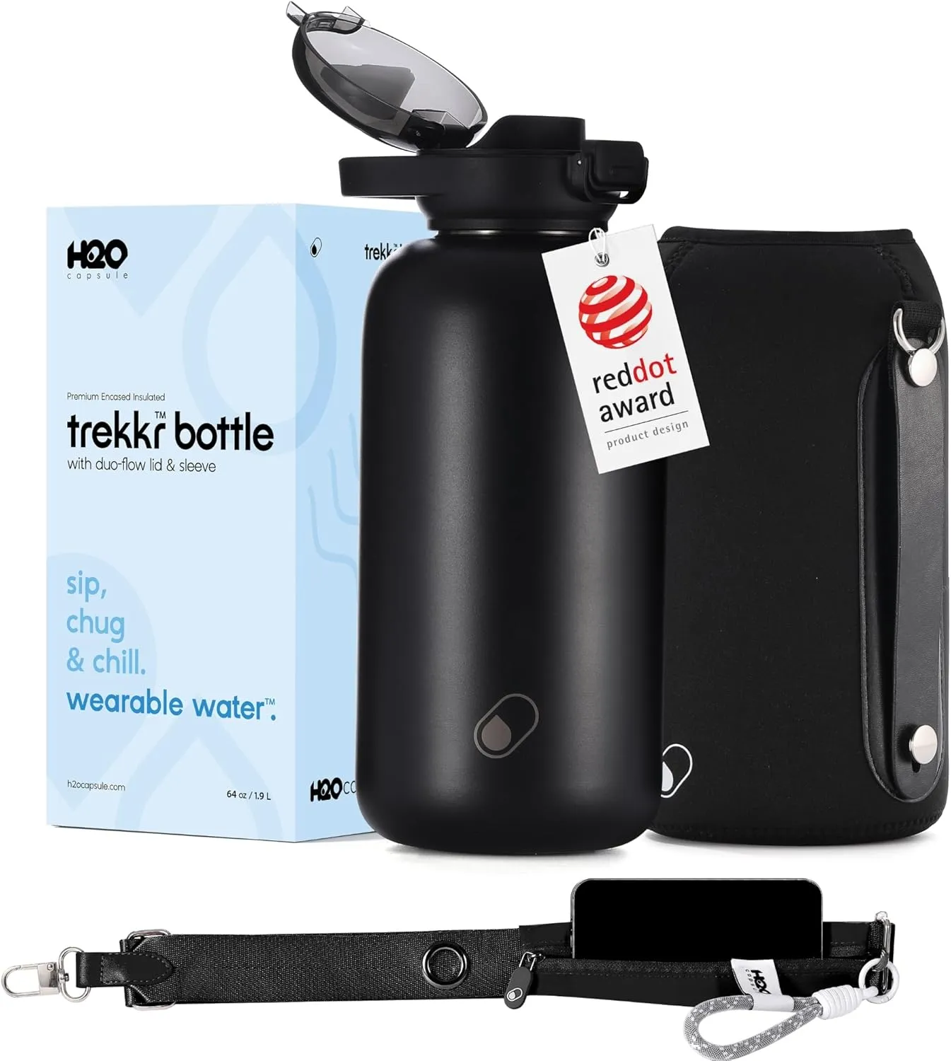 H2O Capsule Half Gallon Insulated Water Bottle With Straw - Stainless Steel Thermos Water Bottle With Sipping/Chugging Lid & Shoulder Strap For Storage - 64 oz Vacuum Flask, Keeps Hot Cold (Black)