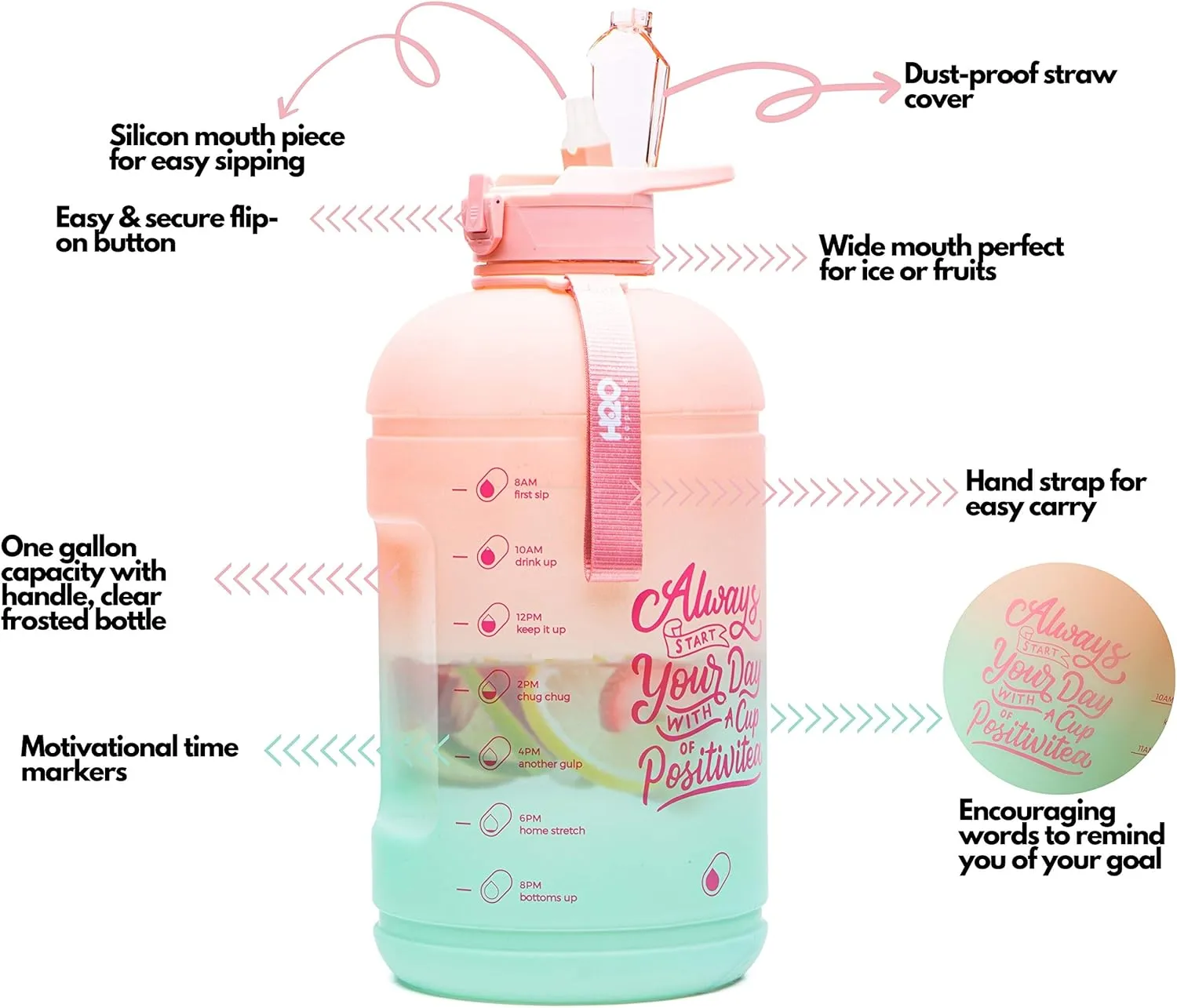 H2O Capsule INSPO Gallon Water Bottle with Time Marker and Straw Motivational Hydration Tracker Jug Big BPA-Free Food-Safe Leakproof Drinking Bottle with Handle & Strap, Lotus Blossom