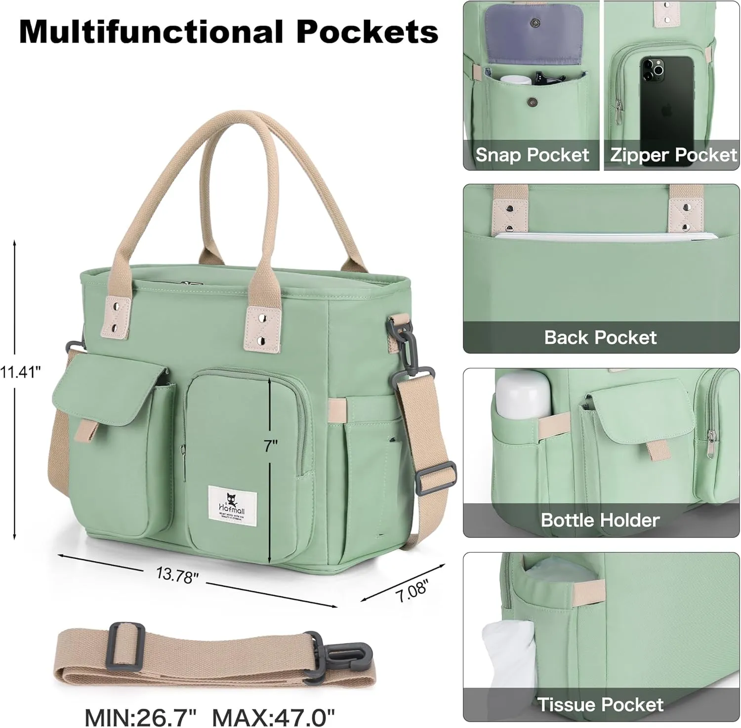 Hafmall Large Insulated Lunch Bag for Women, Leakproof Lunch Box for Men, Wide Opening Lunch Tote Bag with Shoulder Strap, Reusable Adult Lunch Bag For Work, Picnic, Green