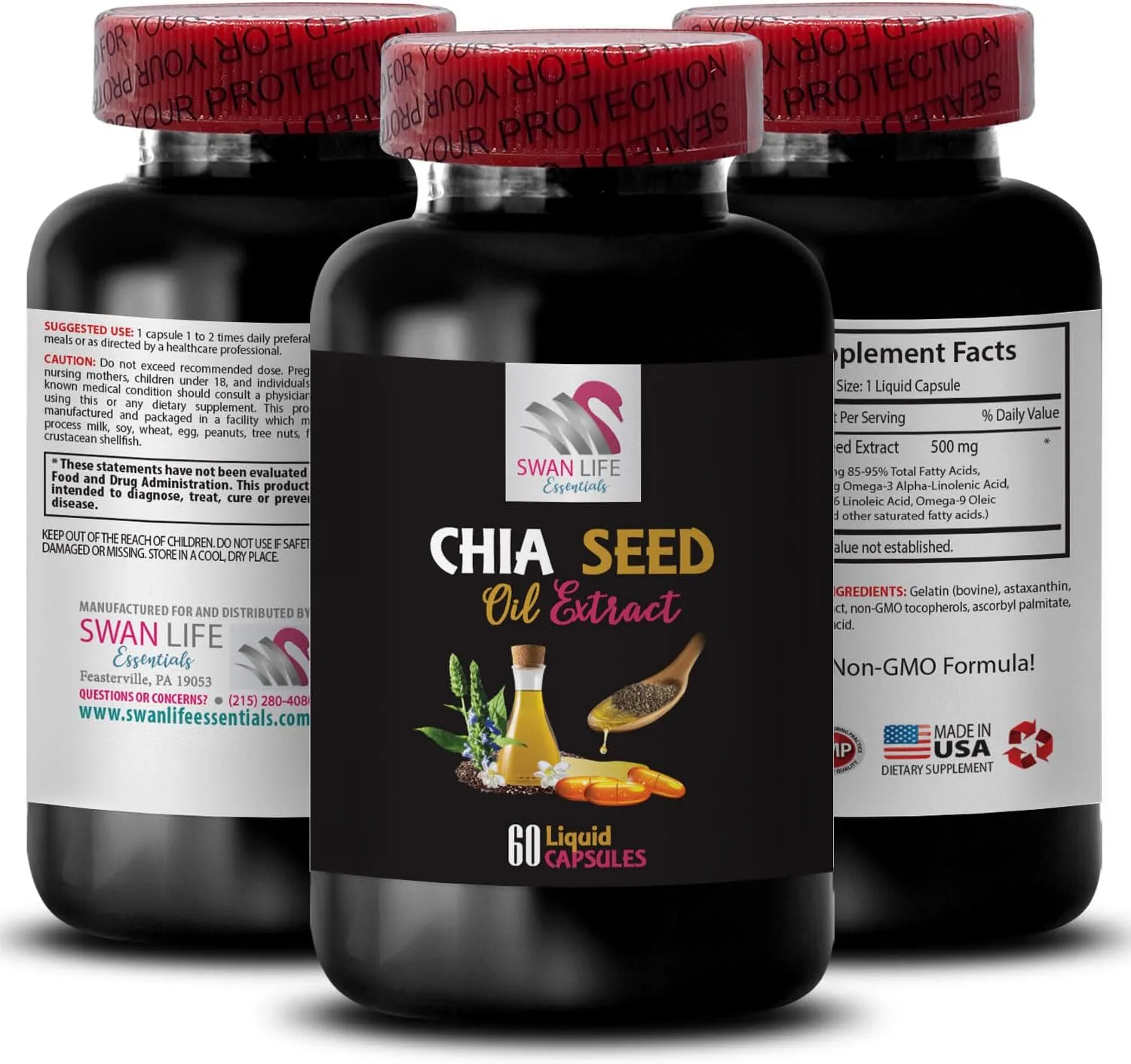 Hair hydration - CHIA SEED OIL EXTRACT - Plant-based oil, Softening oil, Body hydration, Silky finish, Natural formula, Skin care, Lightweight hydration, Glossy finish, Revitalizing oil 1 Bot 60Caps