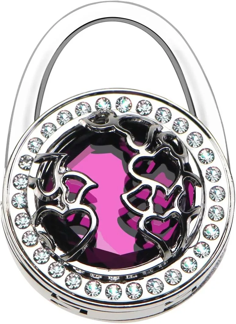 Handbag Hangers Purse Hook Holder Held Storage Lightweight Metal Heart Cut-out Crystal Bling Diamond Instant Folding Table Bag Hanger for Women Girls(Purple)