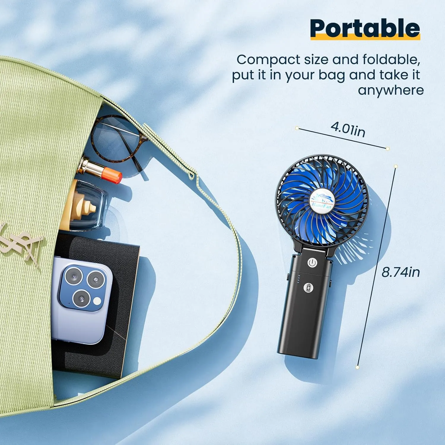 HandFan 5200mAh Portable Handheld Fan Rechargeable with Power Bank-3 Speeds Foldable Personal Cooling, 2-IN-1 Hand Held Fan Battery Operated, 20H Runtime for Travel/Summer/Concerts/Women (Black&Blue)