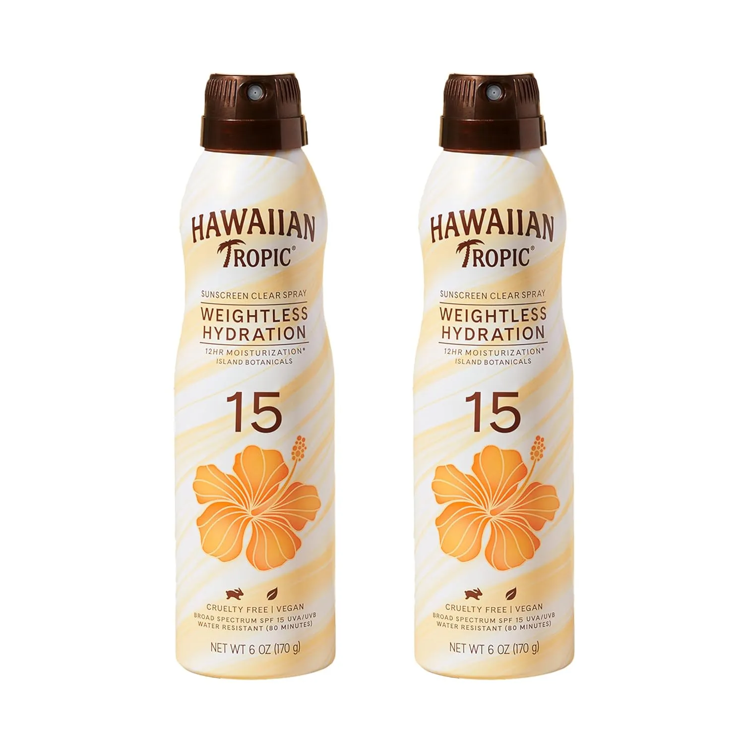 Hawaiian Tropic Weightless Hydration Clear Spray Sunscreen SPF 15, 6oz Twin Pack | Hawaiian Tropic Sunblock, Oxybenzone Free Spray Sunscreen Pack, 6oz each