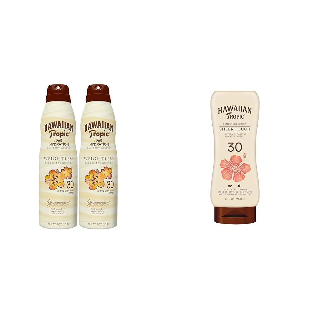 Hawaiian Tropic Weightless Hydration Clear Spray Sunscreen SPF 30 & Sheer Touch Ultra Radiance Lotion Sunscreen SPF 30, 8oz | Hawaiian Tropic Sunscreen SPF 30, Sunblock