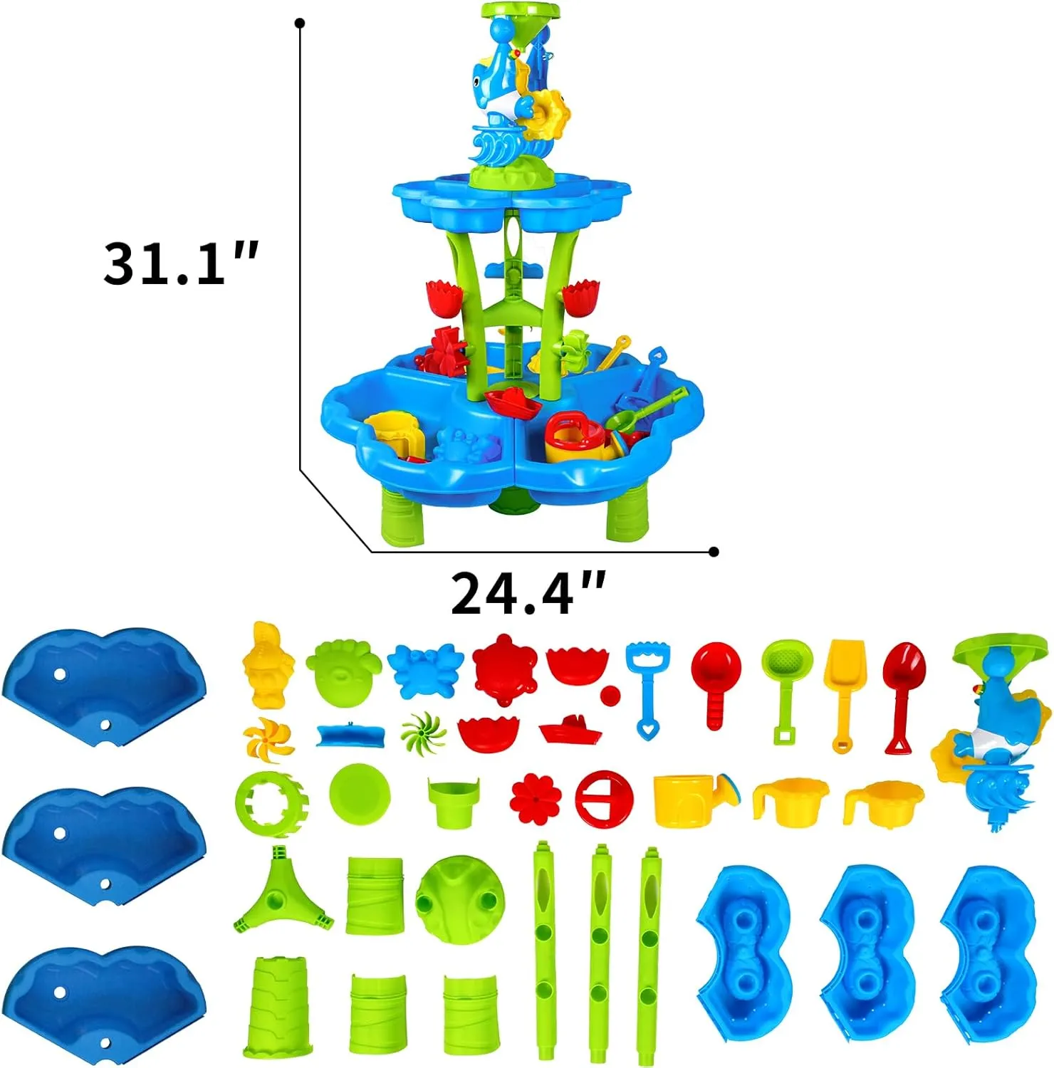 Heifriday 3-Tier Sand and Water Table for Toddlers Rain Showers Splash Outdoor Water Play Table for Kids Ages 4-8 Toddler Sensory Table Summer Outdoor Toys for Beach and Backyard for Boys Girls