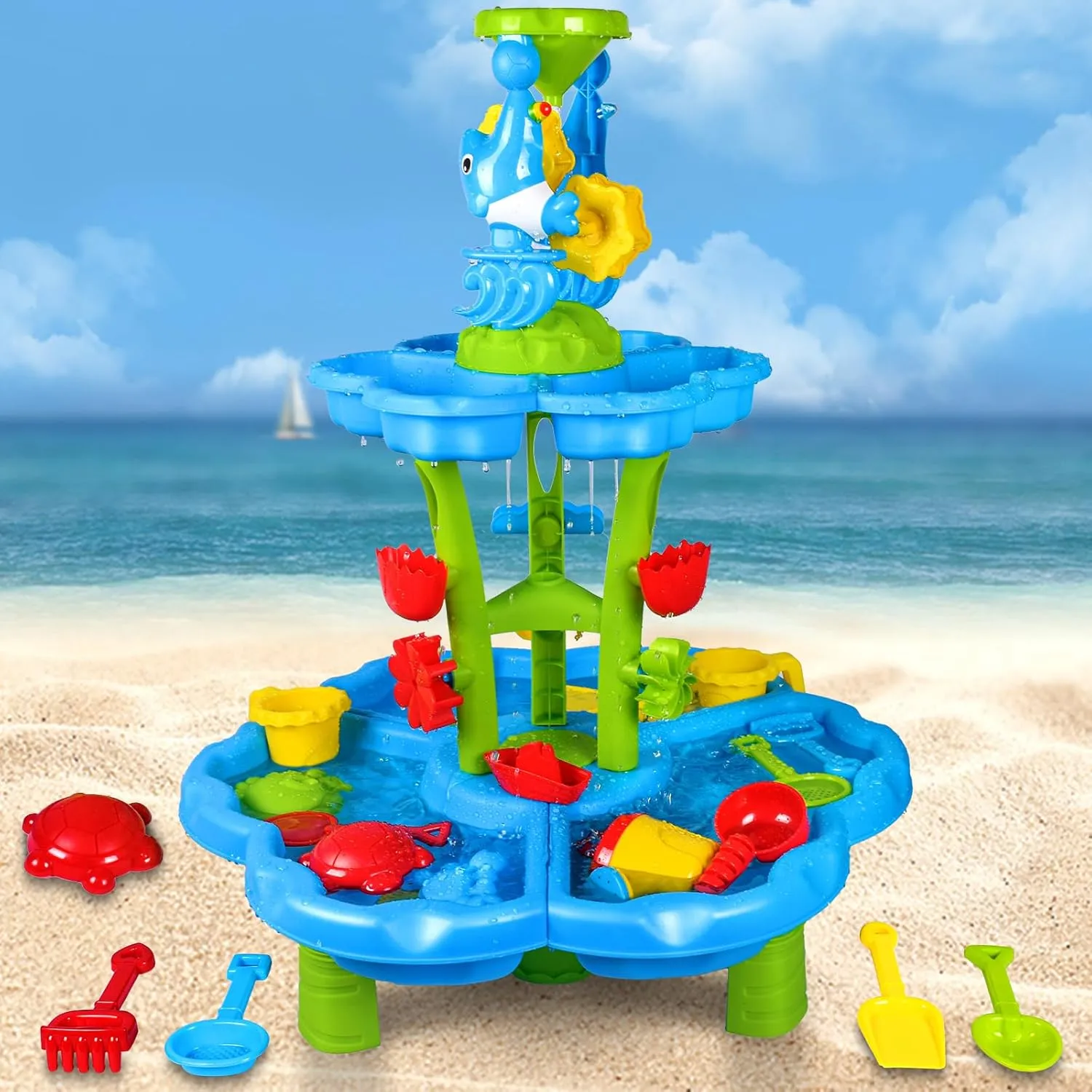 Heifriday 3-Tier Sand and Water Table for Toddlers Rain Showers Splash Outdoor Water Play Table for Kids Ages 4-8 Toddler Sensory Table Summer Outdoor Toys for Beach and Backyard for Boys Girls
