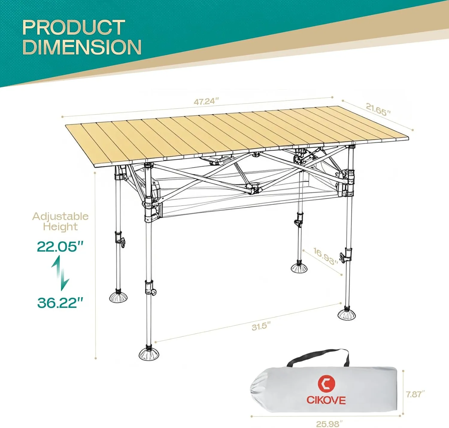 Height Adjustable Camping Table Tall Large Outdoor Folding Camping Table with Wide-Base Anti-Sink Legs & Carry Bag for Camping BBQ Beach Backyard (Beige)