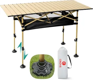 Height Adjustable Camping Table Tall Large Outdoor Folding Camping Table with Wide-Base Anti-Sink Legs & Carry Bag for Camping BBQ Beach Backyard (Beige)