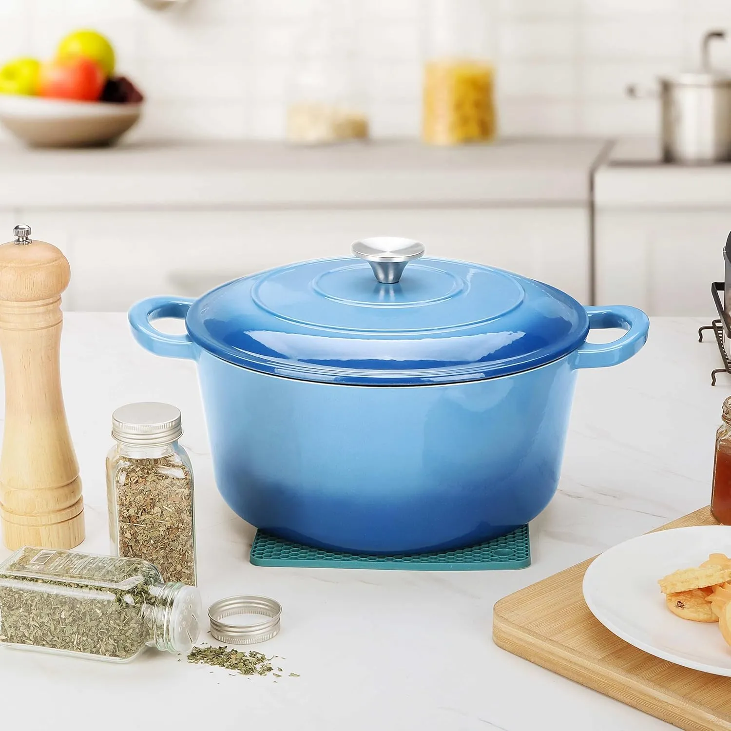 Herogo 6 QT Enameled Cast Iron Dutch Oven with Dual Handles, Lid & Silicone Trivet Mat, Round Dutch Oven Pot for Bread Baking Stewing Roasting, Nonstick & Easy Cleanup, Safe for Various Stovetops-Blue