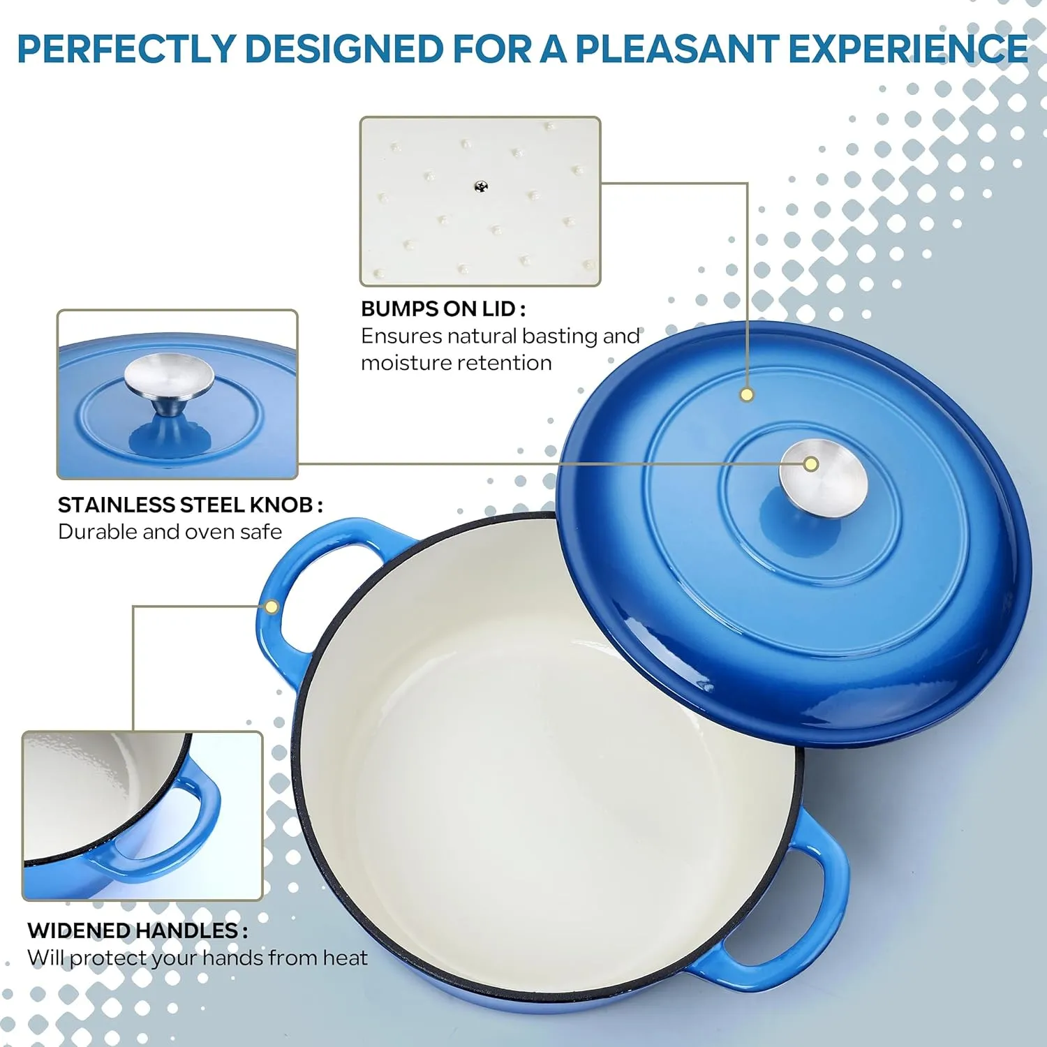 Herogo 6 QT Enameled Cast Iron Dutch Oven with Dual Handles, Lid & Silicone Trivet Mat, Round Dutch Oven Pot for Bread Baking Stewing Roasting, Nonstick & Easy Cleanup, Safe for Various Stovetops-Blue