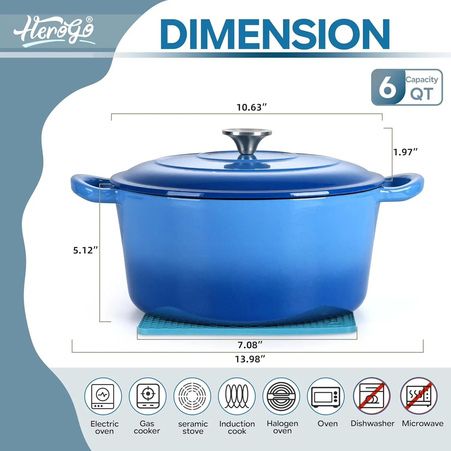 Herogo 6 QT Enameled Cast Iron Dutch Oven with Dual Handles, Lid & Silicone Trivet Mat, Round Dutch Oven Pot for Bread Baking Stewing Roasting, Nonstick & Easy Cleanup, Safe for Various Stovetops-Blue