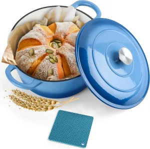 Herogo 6 QT Enameled Cast Iron Dutch Oven with Dual Handles, Lid & Silicone Trivet Mat, Round Dutch Oven Pot for Bread Baking Stewing Roasting, Nonstick & Easy Cleanup, Safe for Various Stovetops-Blue
