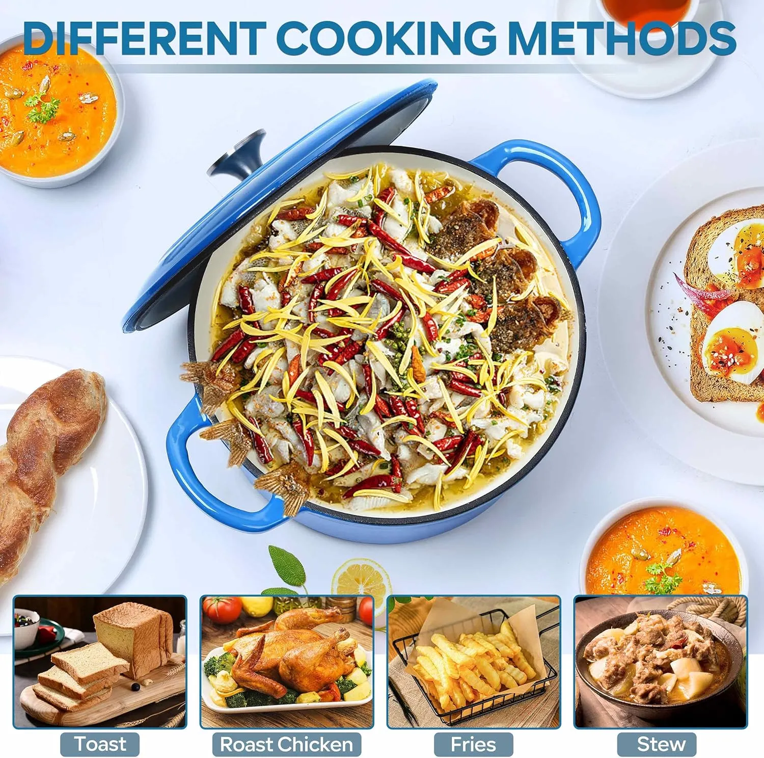 Herogo 6 QT Enameled Cast Iron Dutch Oven with Dual Handles, Lid & Silicone Trivet Mat, Round Dutch Oven Pot for Bread Baking Stewing Roasting, Nonstick & Easy Cleanup, Safe for Various Stovetops-Blue