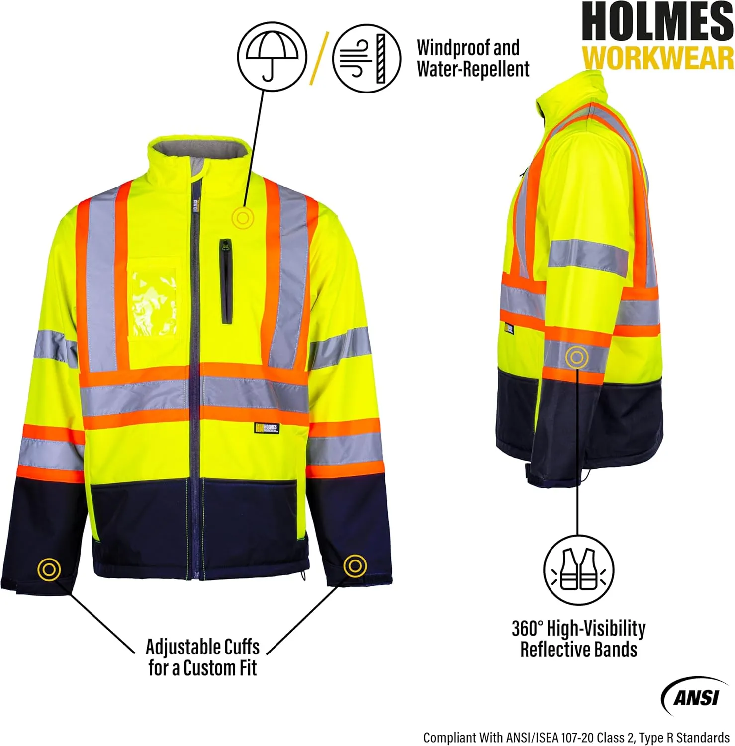 Hi-Vis Yellow Softshell Jacket - Waterproof and Breathable Reflective Jacket with Fleece Lining