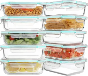 HOMBERKING 10 Pack 22oz Glass Meal Prep Containers, Glass Food Storage Containers with Lids, Airtight Glass Lunch Bento Boxes, BPA-Free & Leak Proof (10 lids & 10 Containers) - Blue