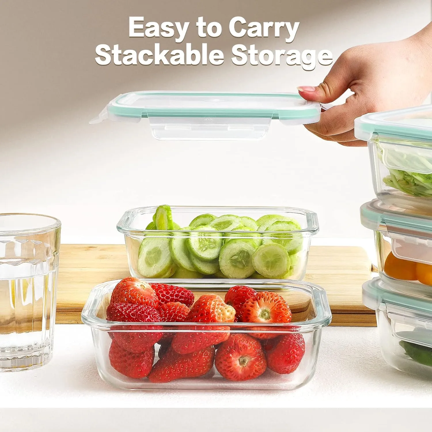 HOMBERKING 10 Pack 22oz Glass Meal Prep Containers, Glass Food Storage Containers with Lids, Airtight Glass Lunch Bento Boxes, BPA-Free & Leak Proof (10 lids & 10 Containers) - Blue