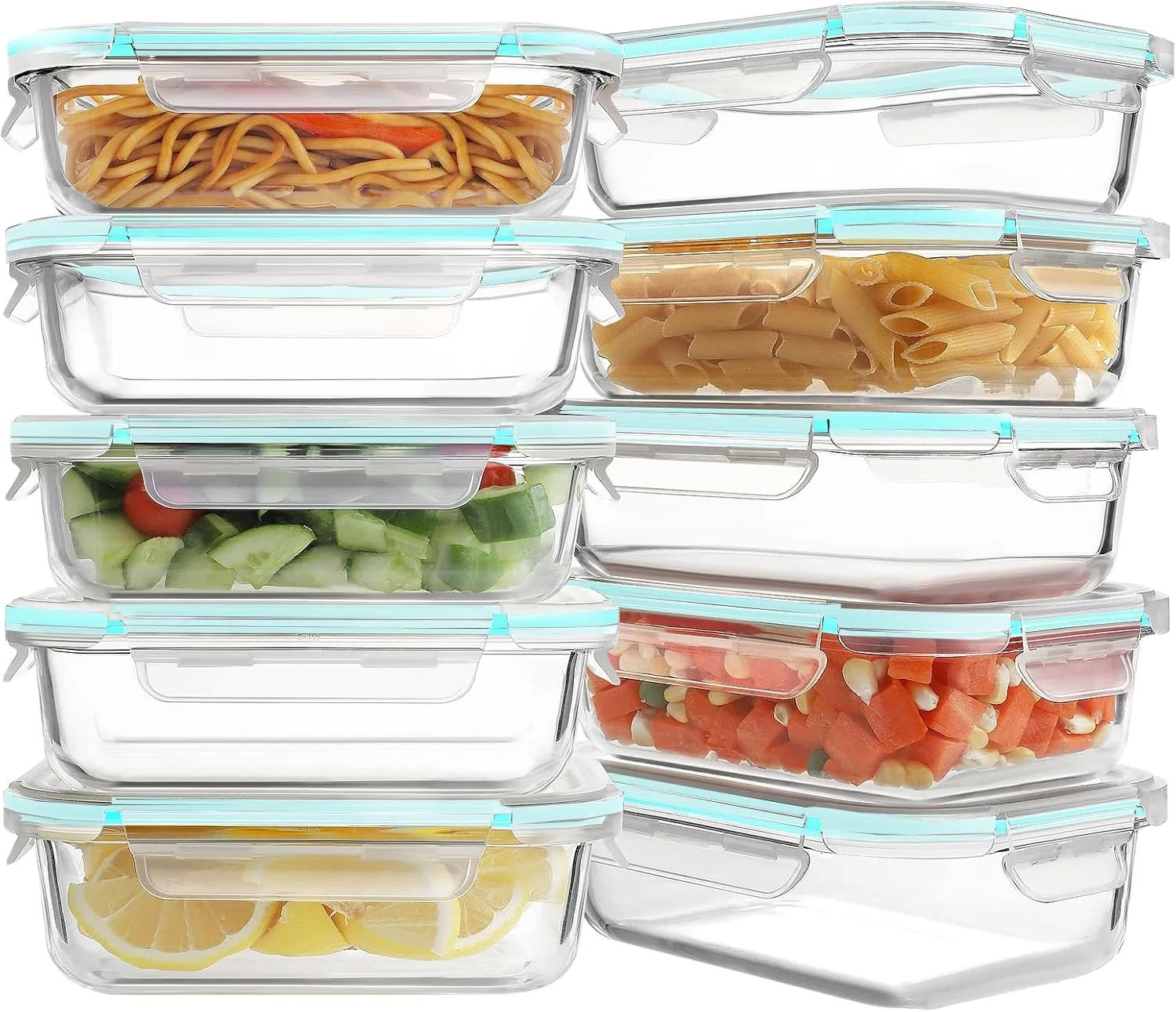 HOMBERKING 10 Pack 22oz Glass Meal Prep Containers, Glass Food Storage Containers with Lids, Airtight Glass Lunch Bento Boxes, BPA-Free & Leak Proof (10 lids & 10 Containers) - Blue