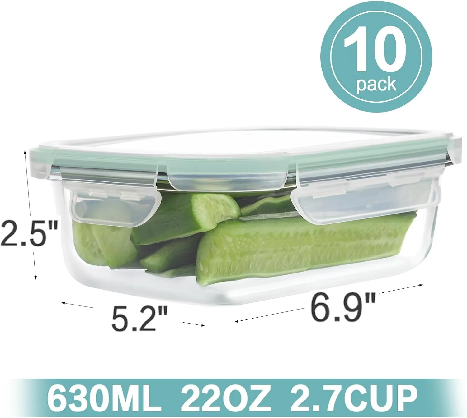 HOMBERKING 10 Pack 22oz Glass Meal Prep Containers, Glass Food Storage Containers with Lids, Airtight Glass Lunch Bento Boxes, BPA-Free & Leak Proof (10 lids & 10 Containers) - Blue