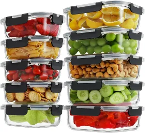 HOMBERKING 10 Pack Glass Meal Prep Containers with Locking Lids, Glass Food Storage Containers Set, Airtight Glass Lunch Bento Boxes, BPA-Free & Leak Proof, 36oz & 14oz(10 lids & 10 Containers), Black