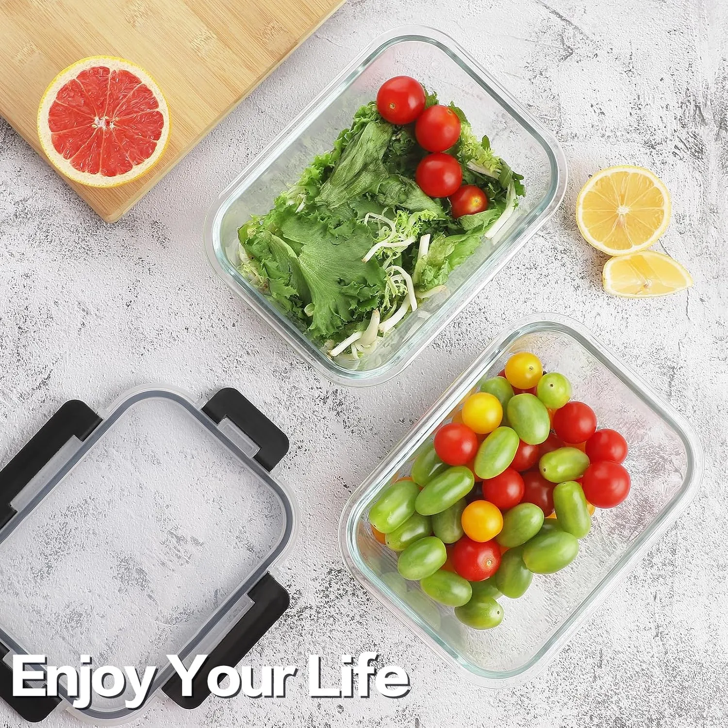 HOMBERKING 10 Pack Glass Meal Prep Containers with Locking Lids, Glass Food Storage Containers Set, Airtight Glass Lunch Bento Boxes, BPA-Free & Leak Proof, 36oz & 14oz(10 lids & 10 Containers), Black