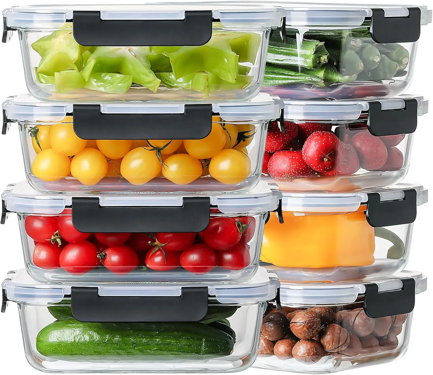 HOMBERKING 16pc Glass Meal Prep Containers with Lids, Glass Food Storage Containers with Leak Proof Snap Lock Lids, Airtight Bento Lunch Boxes, Kitchen Storage (8 lids & 8 Containers) - Black