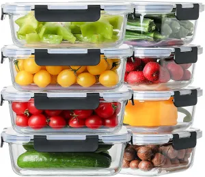 HOMBERKING 16pc Glass Meal Prep Containers with Lids, Glass Food Storage Containers with Leak Proof Snap Lock Lids, Airtight Bento Lunch Boxes, Kitchen Storage (8 lids & 8 Containers) - Black