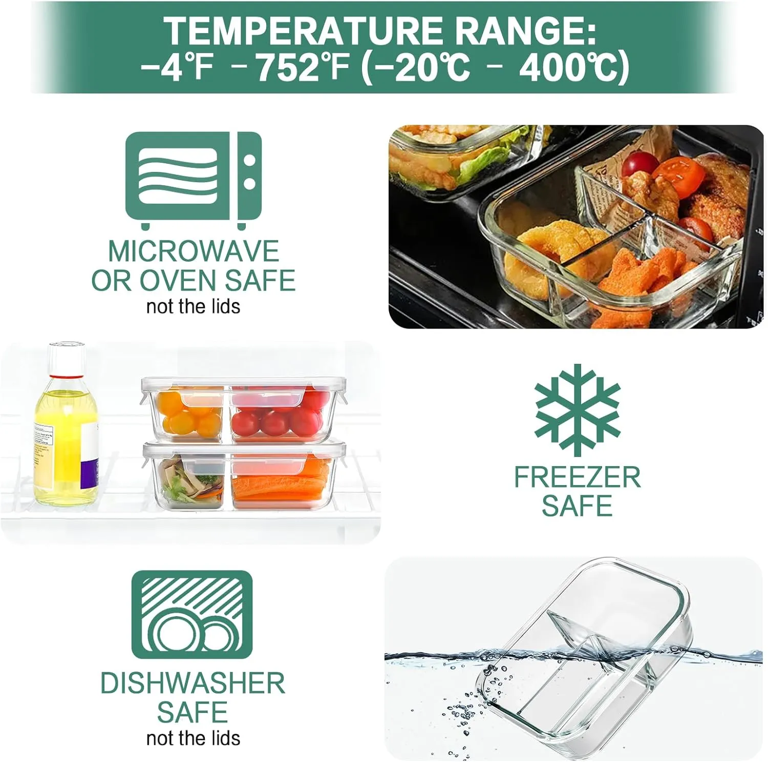 HOMBERKING 8 Pack Glass Meal Prep Containers 3 Compartment, 33oz Glass Food Storage Containers with Lids, Airtight Glass Lunch Bento Boxes, BPA-Free & Leak Proof (Set of 8) - White