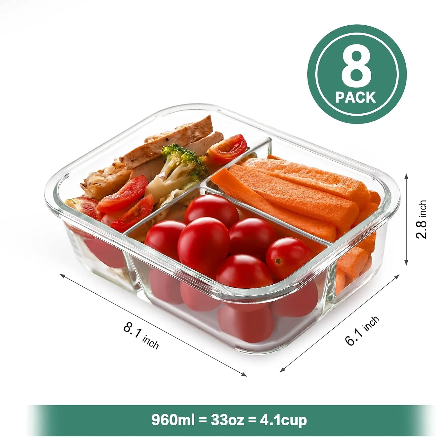 HOMBERKING 8 Pack Glass Meal Prep Containers 3 Compartment, 33oz Glass Food Storage Containers with Lids, Airtight Glass Lunch Bento Boxes, BPA-Free & Leak Proof (Set of 8) - White
