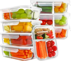 HOMBERKING 8 Pack Glass Meal Prep Containers 3 Compartment, 33oz Glass Food Storage Containers with Lids, Airtight Glass Lunch Bento Boxes, BPA-Free & Leak Proof (Set of 8) - White