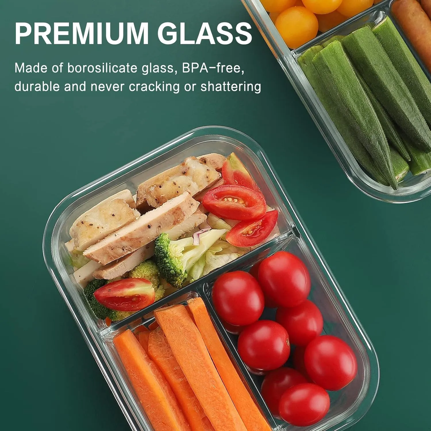 HOMBERKING 8 Pack Glass Meal Prep Containers 3 Compartment, 36oz Glass Food Storage Containers with Lids, Airtight Glass Lunch Bento Boxes, BPA-Free & Leak Proof (8 lids & 8 Containers) - Purple