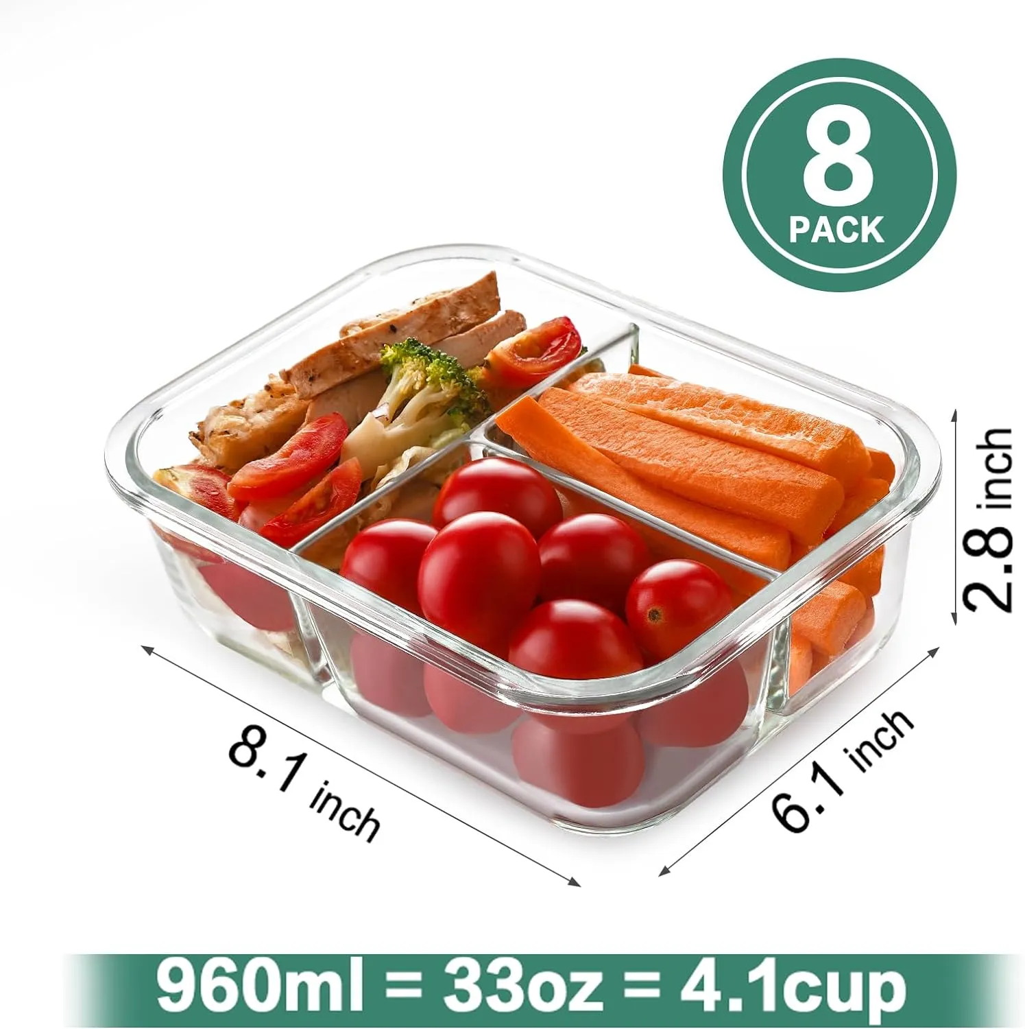 HOMBERKING 8 Pack Glass Meal Prep Containers 3 Compartment, 36oz Glass Food Storage Containers with Lids, Airtight Glass Lunch Bento Boxes, BPA-Free & Leak Proof (8 lids & 8 Containers) - Purple