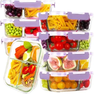 HOMBERKING 8 Pack Glass Meal Prep Containers 3 Compartment, 36oz Glass Food Storage Containers with Lids, Airtight Glass Lunch Bento Boxes, BPA-Free & Leak Proof (8 lids & 8 Containers) - Purple