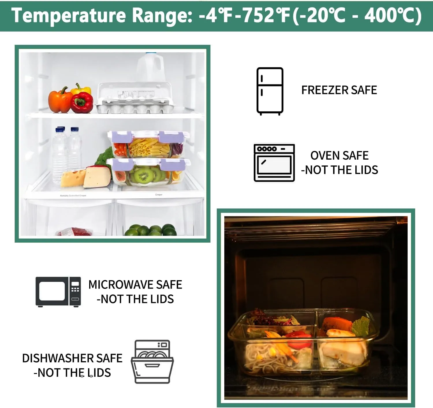 HOMBERKING 8 Pack Glass Meal Prep Containers 3 Compartment, 36oz Glass Food Storage Containers with Lids, Airtight Glass Lunch Bento Boxes, BPA-Free & Leak Proof (8 lids & 8 Containers) - Purple