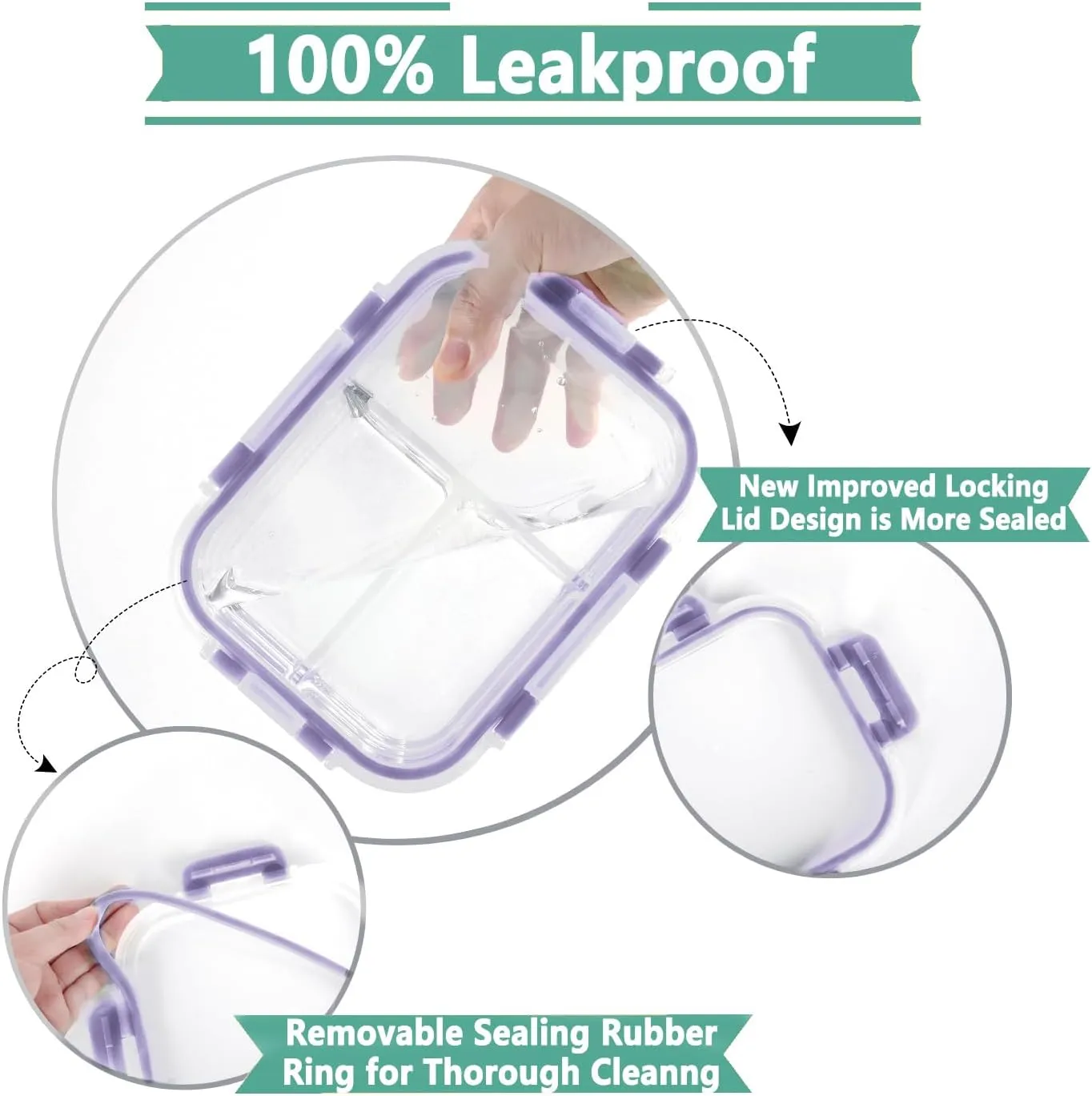 HOMBERKING 8 Pack Glass Meal Prep Containers 3 Compartment, 36oz Glass Food Storage Containers with Lids, Airtight Glass Lunch Bento Boxes, BPA-Free & Leak Proof (8 lids & 8 Containers) - Purple