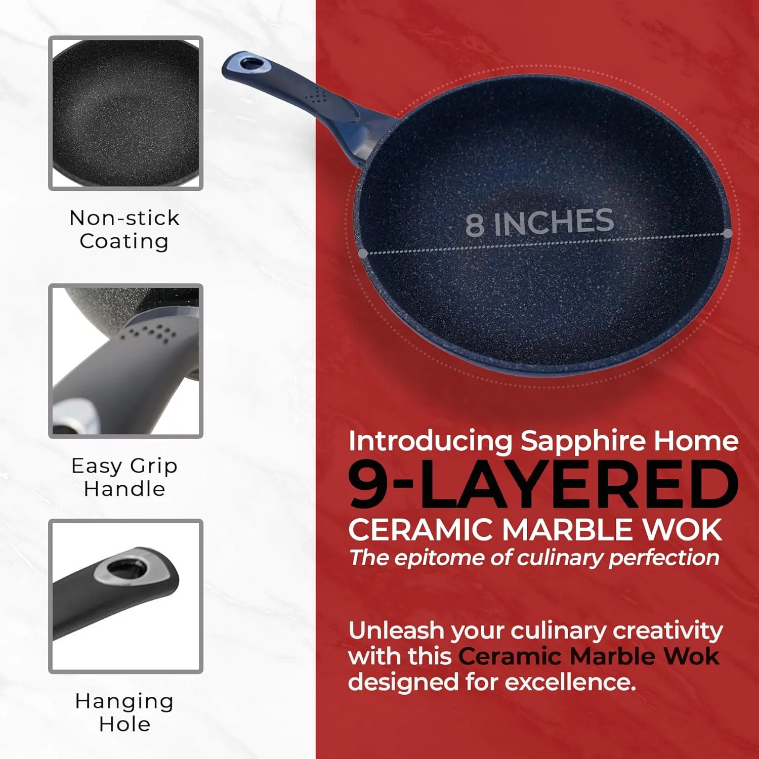 HOME N KITCHENWARE 9-Layered Premium Marble Pan- Ceramic Marble Wok - Easy to Clean Korean Stone-Coated Nonstick, Induction Ready, Cast Aluminum Woks & Stir-Fry Pans - 10 inch