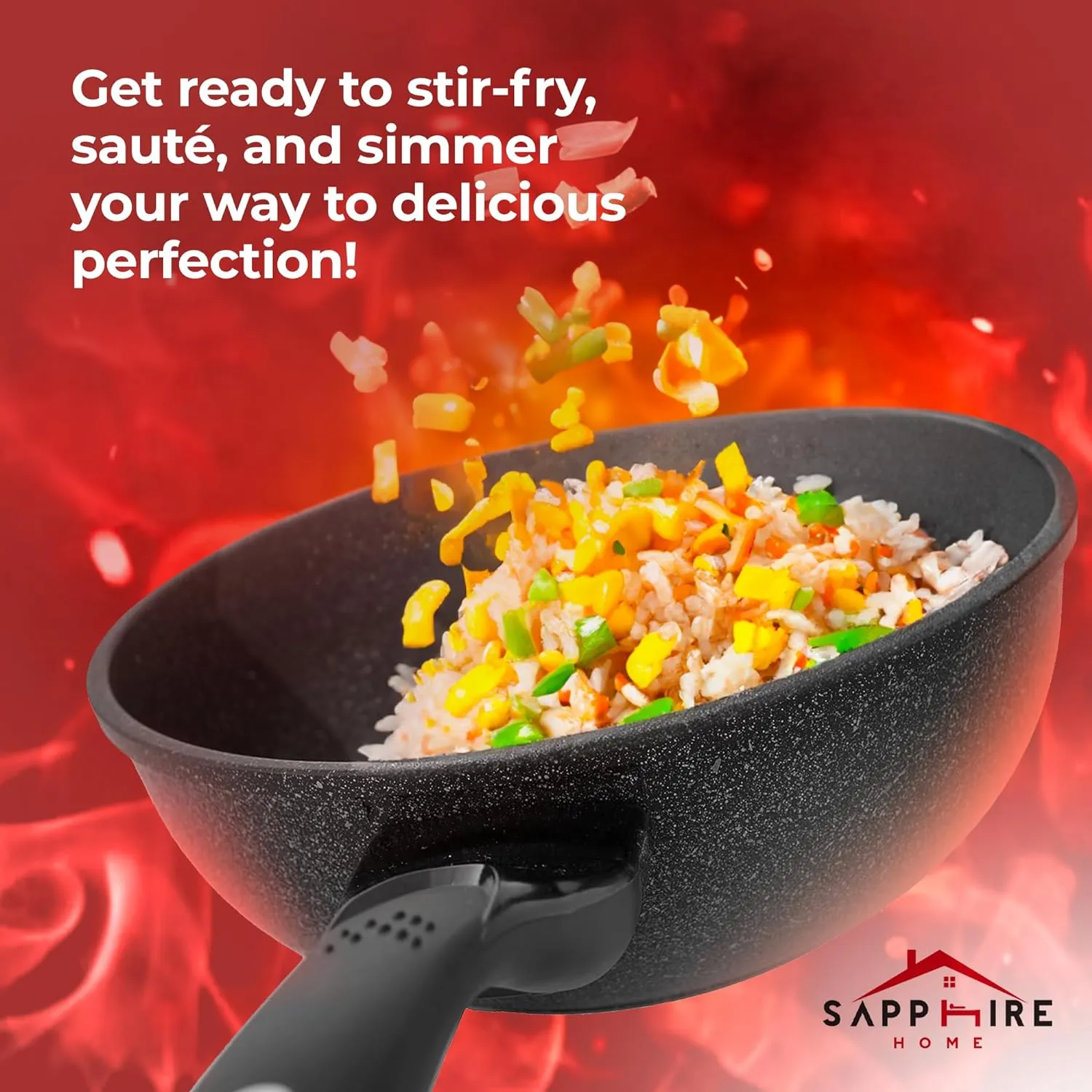HOME N KITCHENWARE 9-Layered Premium Marble Pan- Ceramic Marble Wok - Easy to Clean Korean Stone-Coated Nonstick, Induction Ready, Cast Aluminum Woks & Stir-Fry Pans - 10 inch