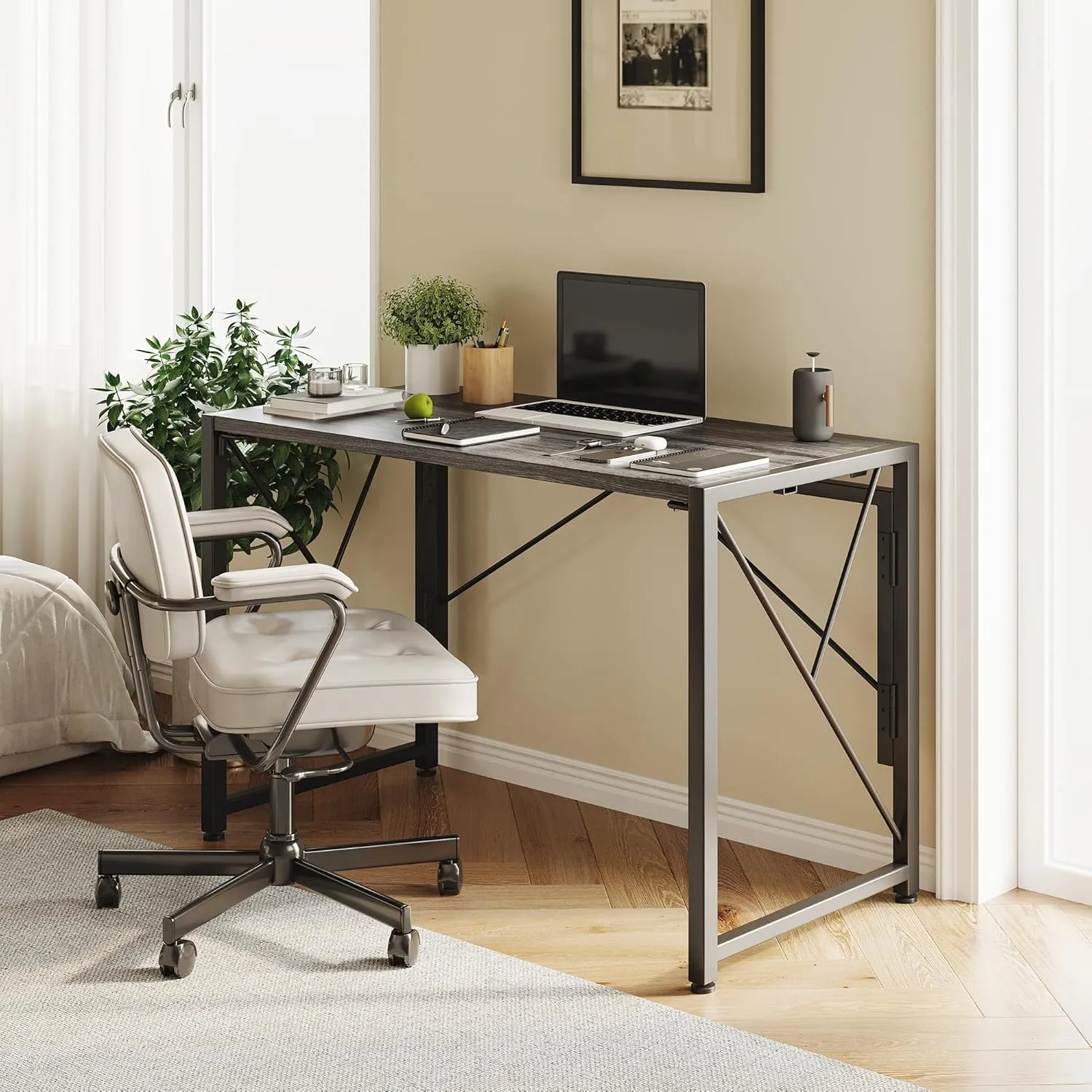Homeiju Folding Desk - Small Foldable Desk, 31.5" for Small Spaces, Portable for Bedroom & Home Office, Space Saving, Easy Assembly, Grey
