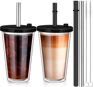 Honeydak 2 Pack 16oz Reusable Iced Coffee Cups with Lids Leakproof and Double Wall Insulated Plastic Iced Coffee Tumbler with 2 Straws and Straw Cleaner(Black)