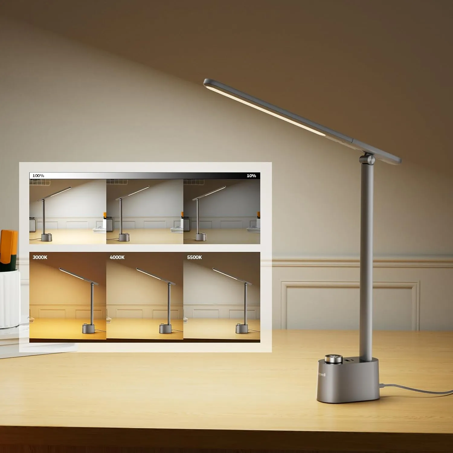 Honeywell Upgraded LED Desk Lamp - H01 Pro Sunturalux™ Foldable Desk Light with USB A C Charging Port, 3 Color Modes Dimmable Table Lamp for Home Office Reading(Grey)