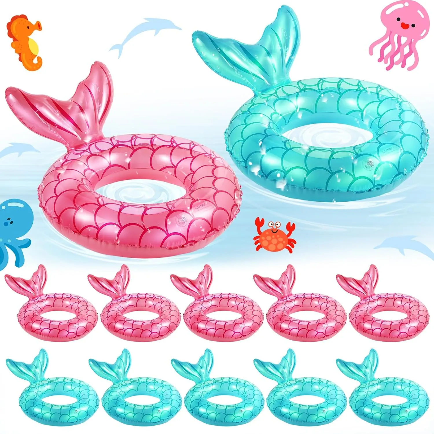 Honoson 12 Pcs Mermaid Pool Float Mermaid Tail Shaped Pool Inflatables Swimming Rings Swimming Float Tube Ring for Children Kids Infants Summer Water Beach Party Supplies, Green, Pink