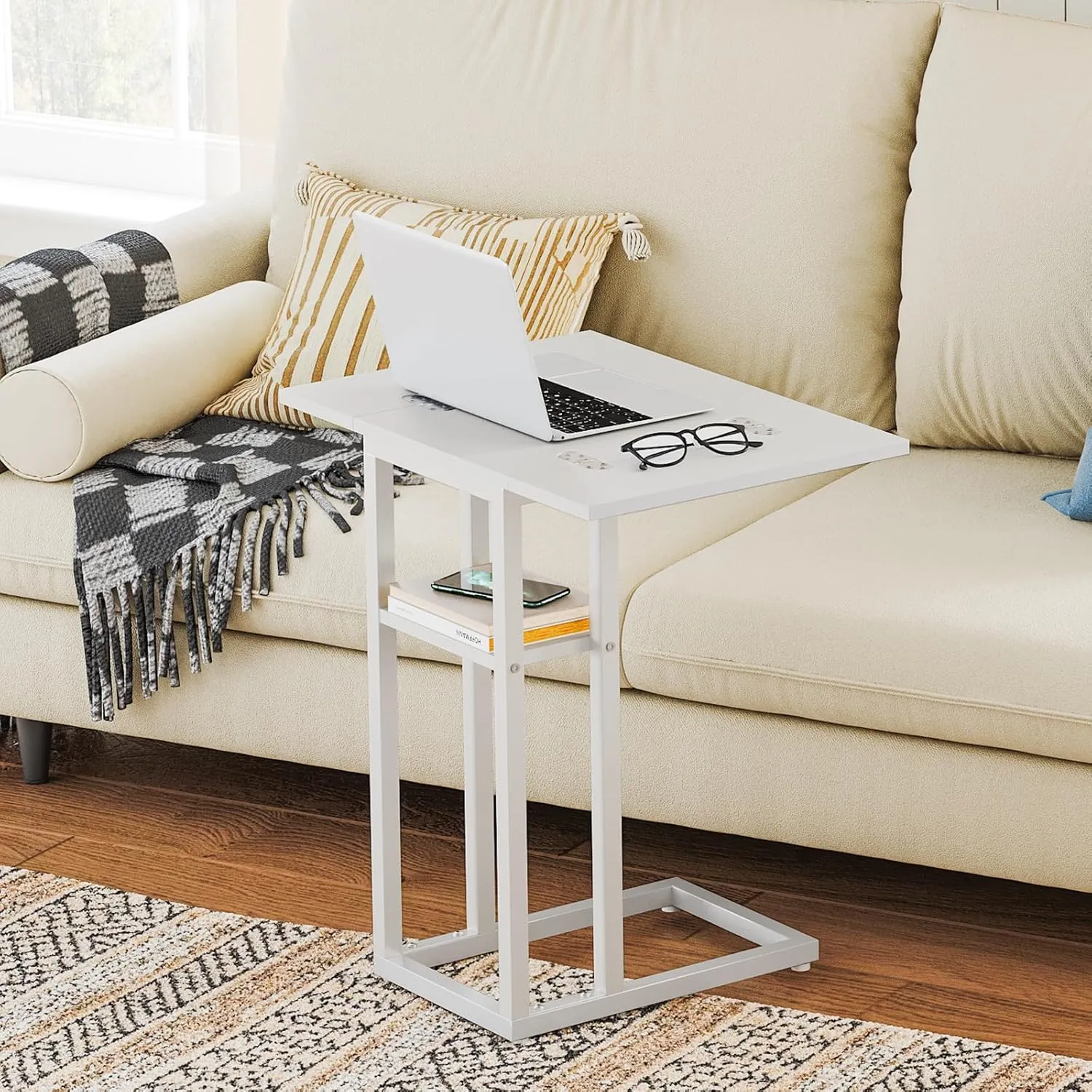 HOOBRO Foldable End Table, C Shaped Side Table with Storage Shelf, Small Snack Table Suitable for Living Room Bedroom Small Spaces, Easy Assembly, White WW29SF01