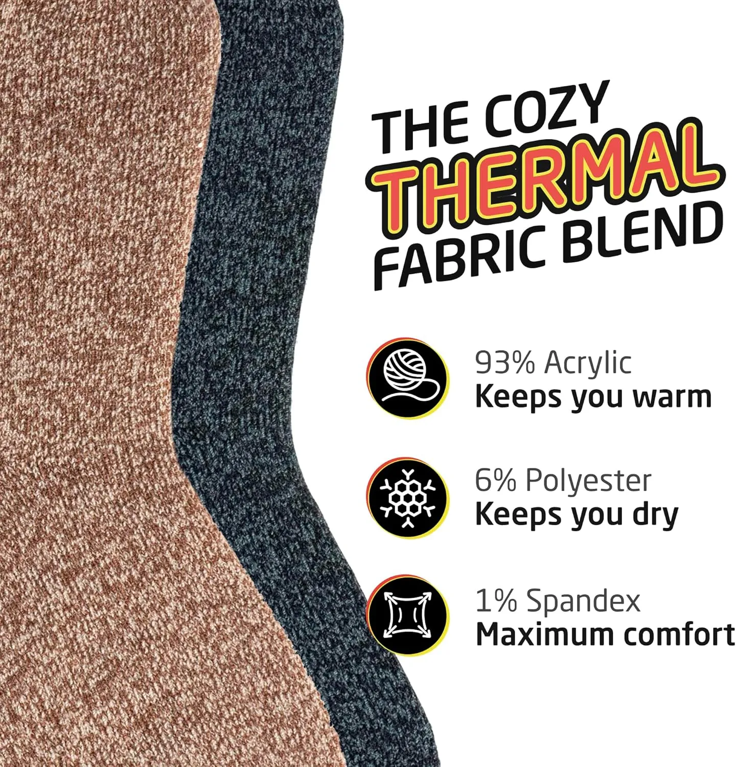 HOT FEET Thermal Socks for Men - Extreme Cold Weather, 2 Pack Thick Warm Socks, Winter Insulated, Size 6-12.5