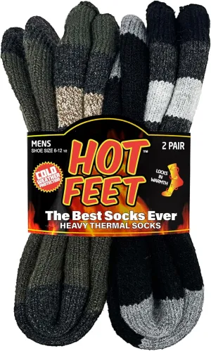 HOT FEET Thermal Socks for Men - Extreme Cold Weather, 2 Pack Thick Warm Socks, Winter Insulated, Size 6-12.5