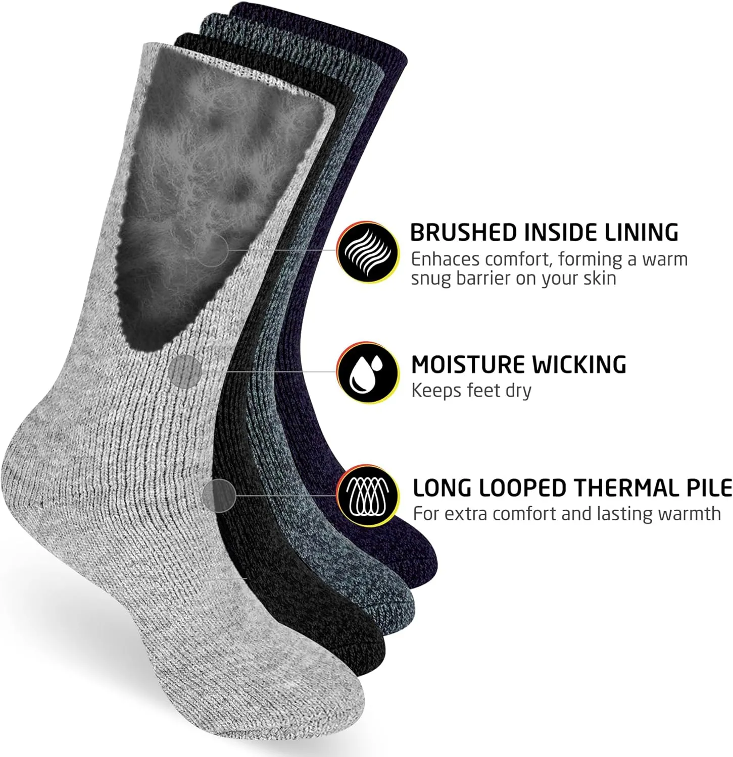 HOT FEET Thermal Socks for Men - Extreme Cold Weather, 2 Pack Thick Warm Socks, Winter Insulated, Size 6-12.5