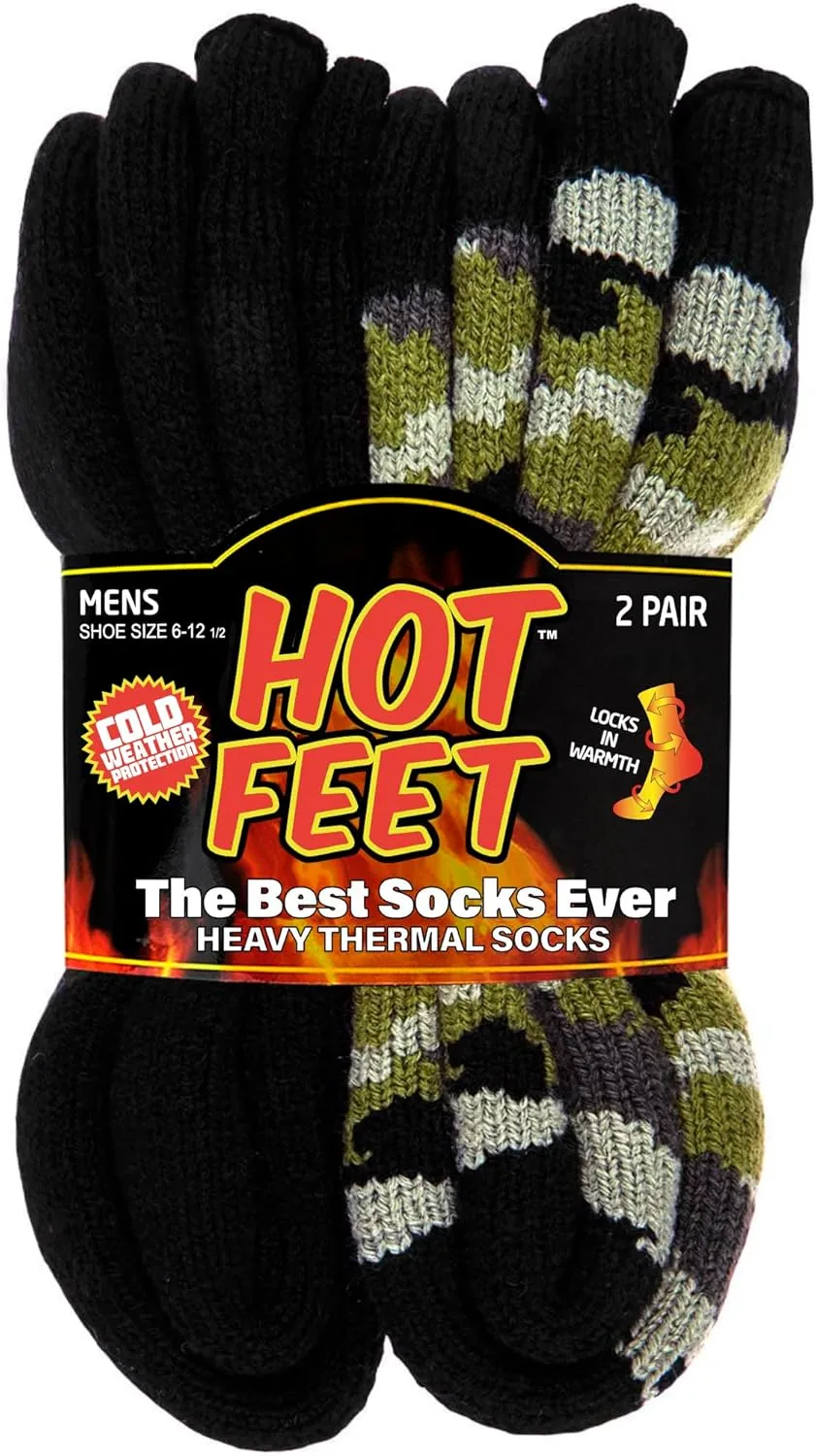 HOT FEET Thermal Socks for Men - Extreme Cold Weather, 2 Pack Thick Warm Socks, Winter Insulated, Size 6-12.5